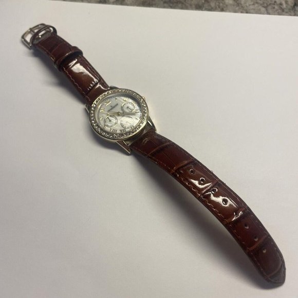 Working Peugeot Crystal / Gold Tone Bezel & Dial Watch Brown Leather Band - Picture 1 of 11